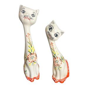 Vtg Pair of Mid-Century Hand-Painted Long Neck Ceramic Cats With Floral Pattern